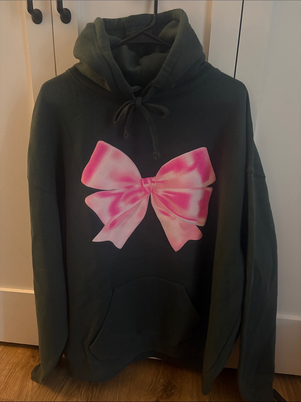 2XL Women’s Dark (Willow) Green Hoodie with Pink Bow Graphic